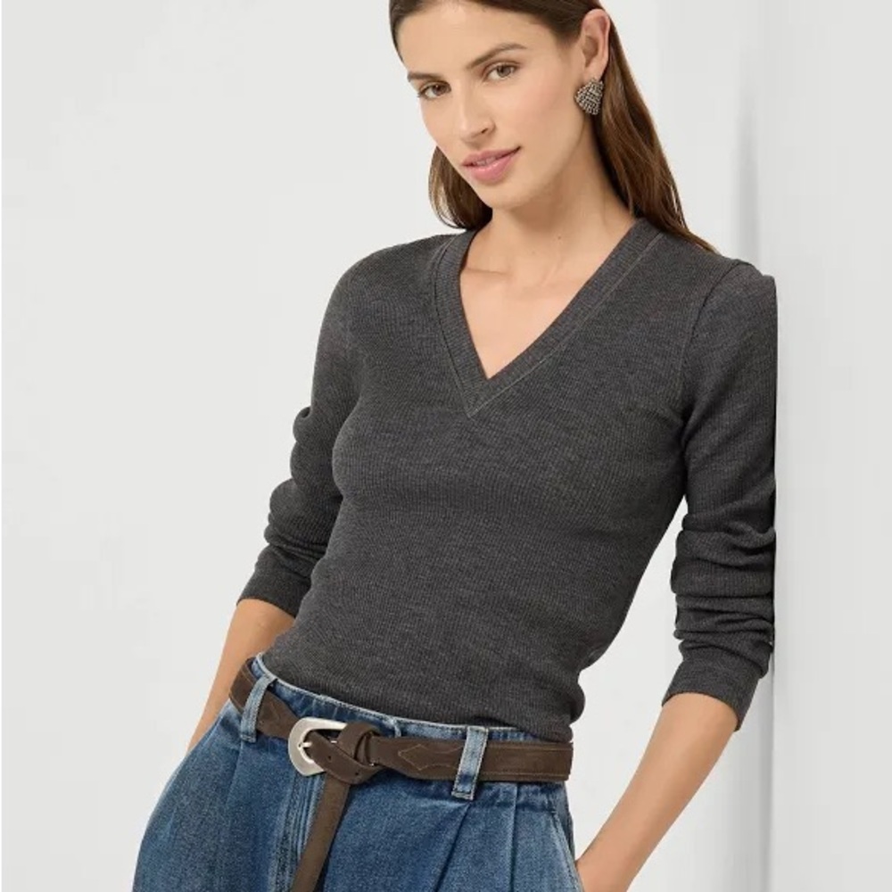Brunello Cucinelli Ribbed Wool Jersey Top with Shiny Trim